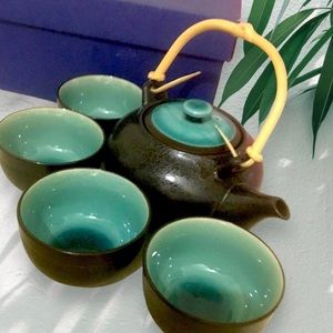 Vtg 70s Handmade Ocean Blue Japanese Artistry Tea Pot & Teacups Set